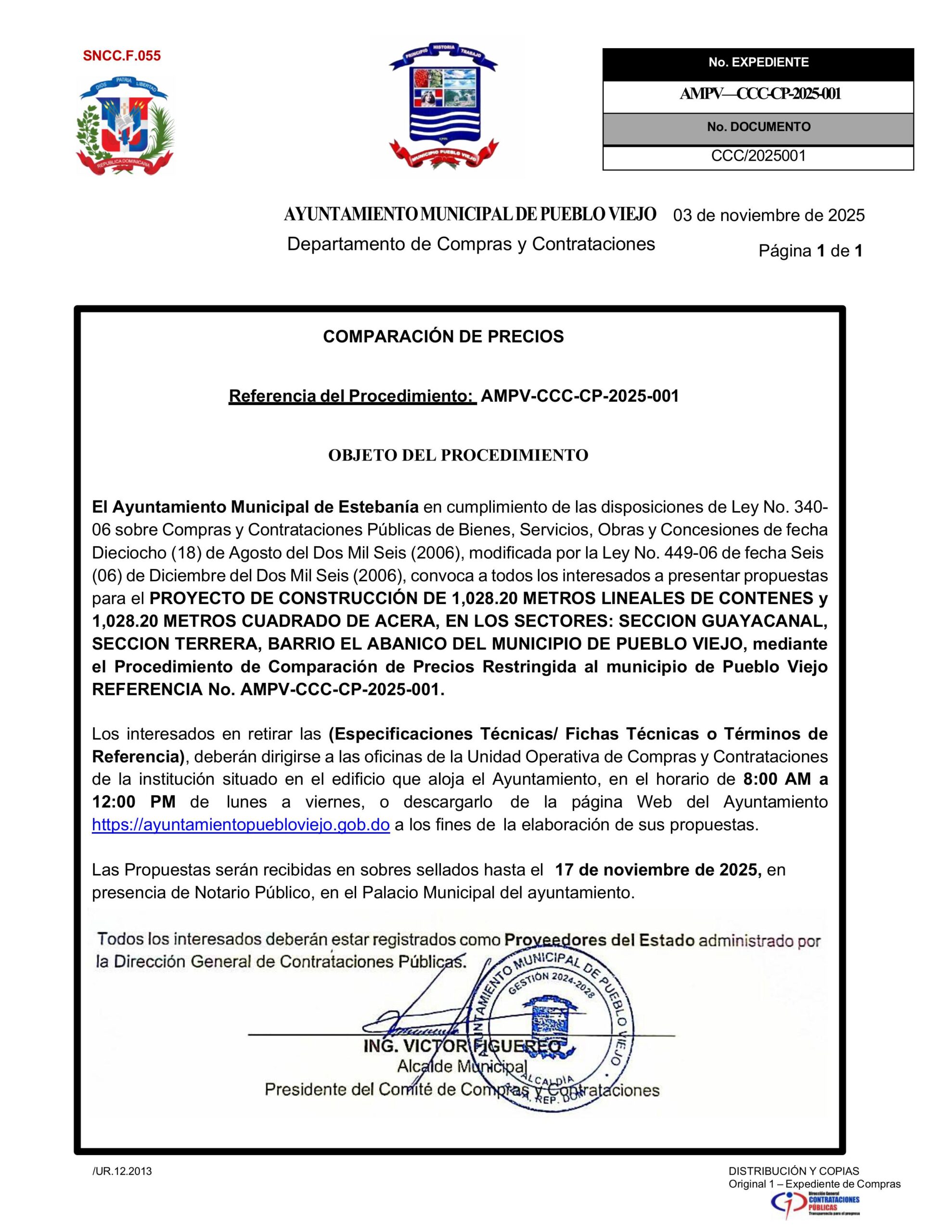 Inicia proceso de comparación de precios para la construcción de aceras y contenes en el barrio El Abanico, las secciones de Guayacanal y Terrera de este municipio de Pueblo Viejo